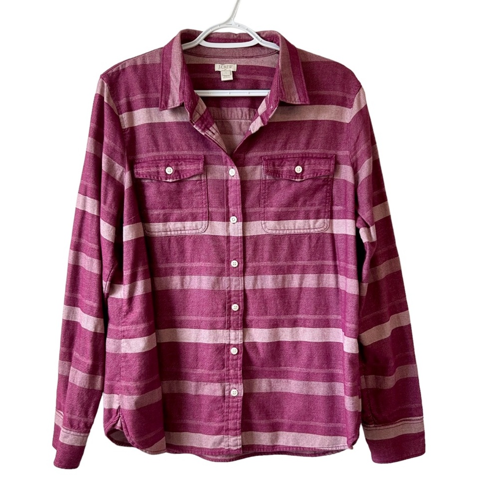 J Crew Fuschia Striped Button Down Shirt Women’s Sz L Light Boho Cotton Flannel